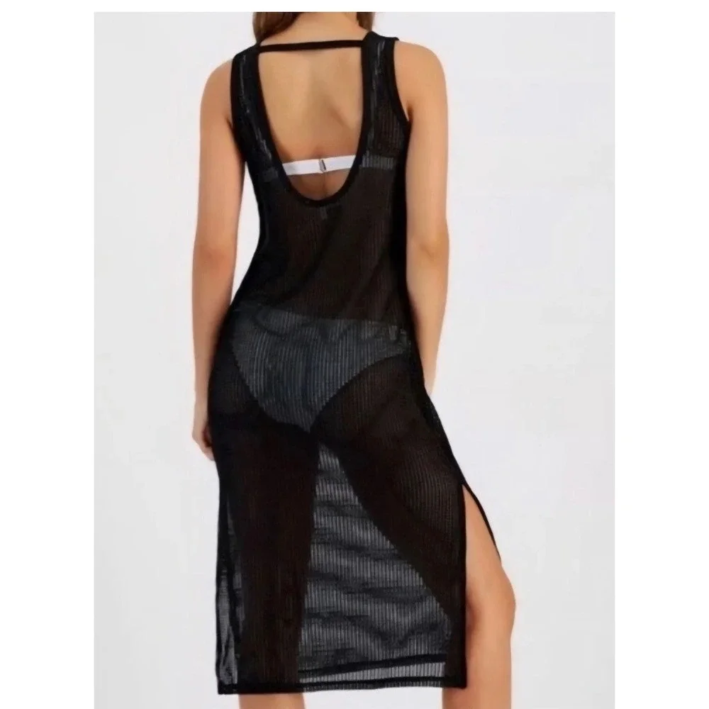 NWT Miken Swim Cover Up Dress Womens Black Mesh Open Knit Sleeveless XS $38